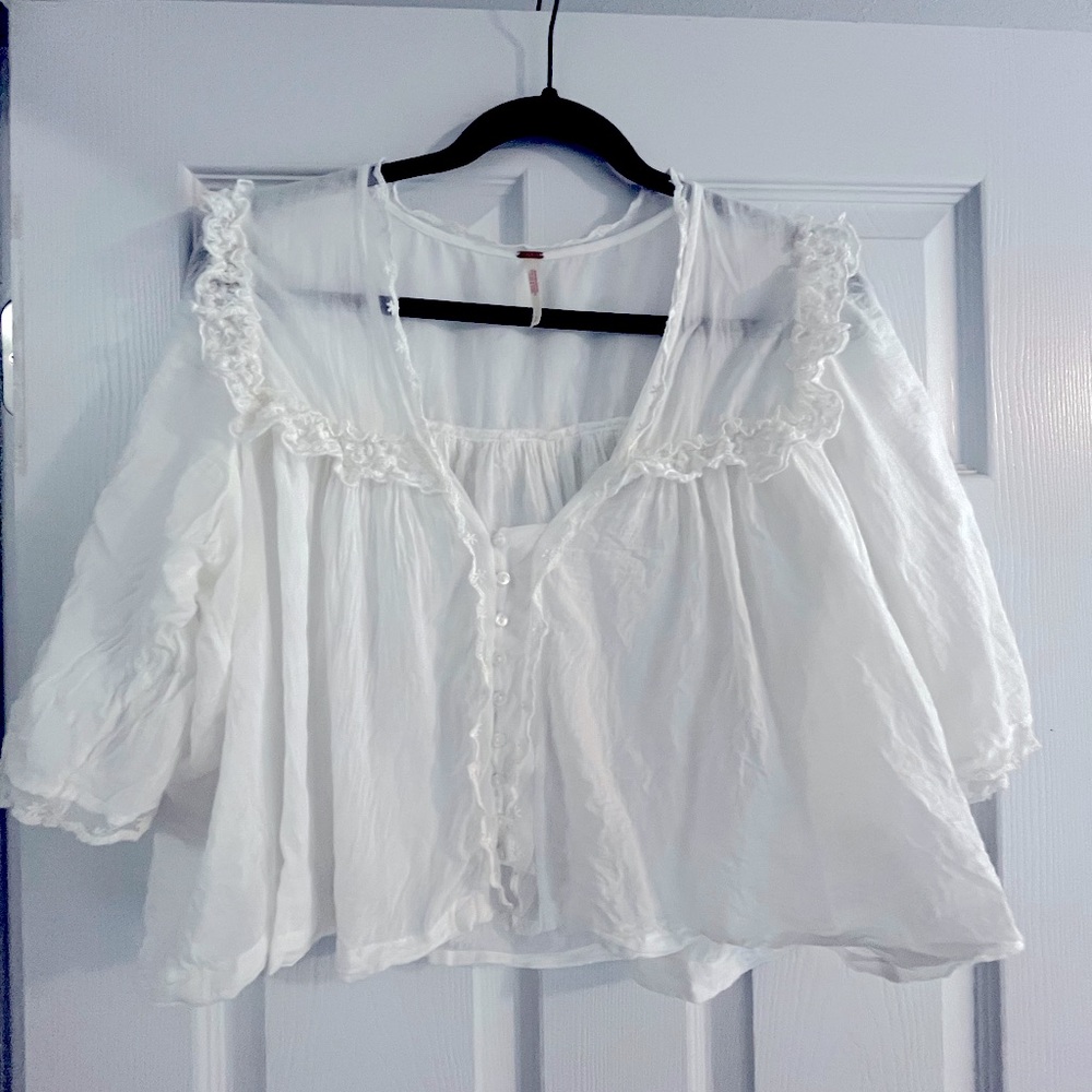 Free People Luna Top - White Short Sleeve Lacey Blouse
